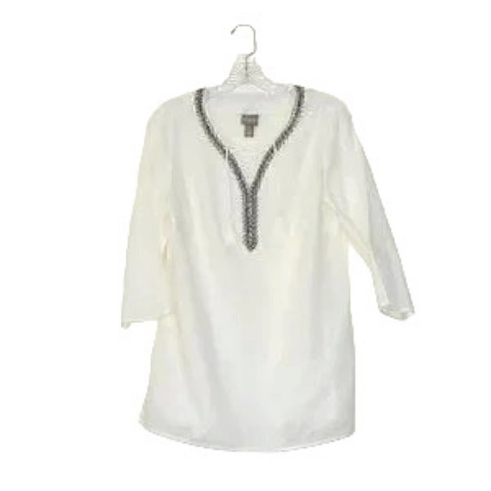Chico's Embellished Neck Pullover Tunic Lace Up Top With Tassels Size S/4